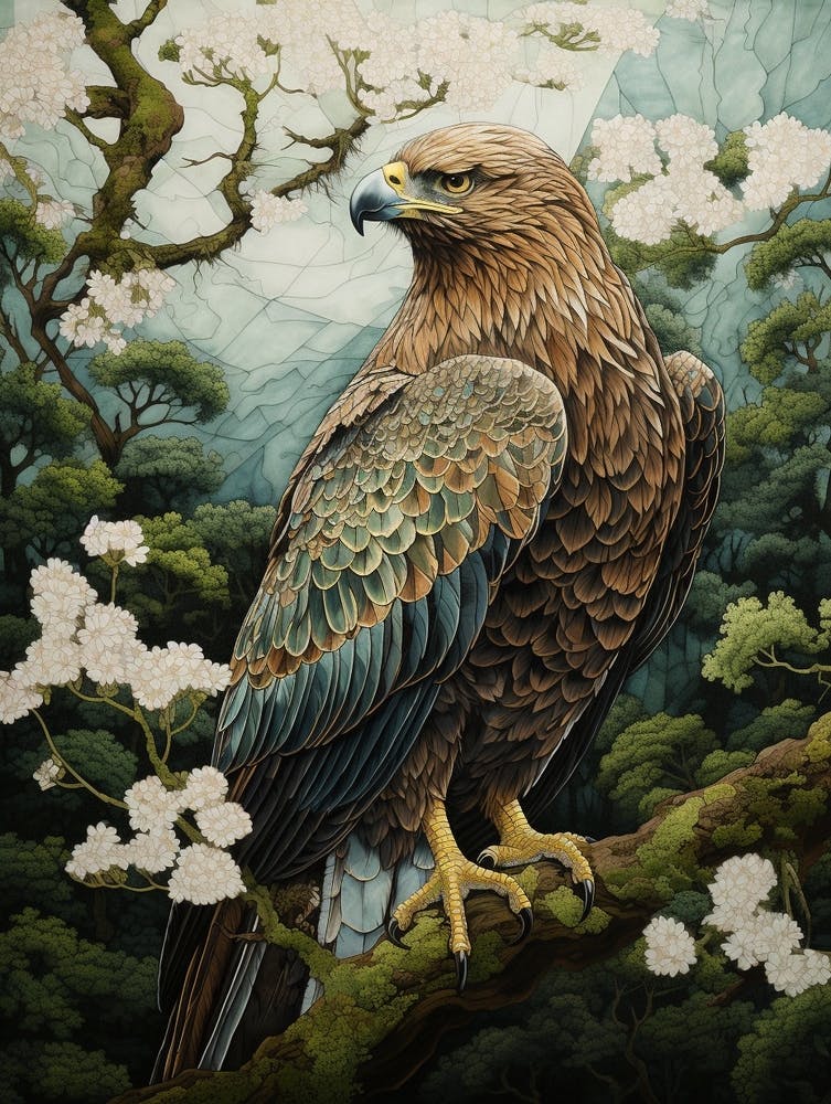Ohara Koson Inspired Bird Painting Golden Eagle 1