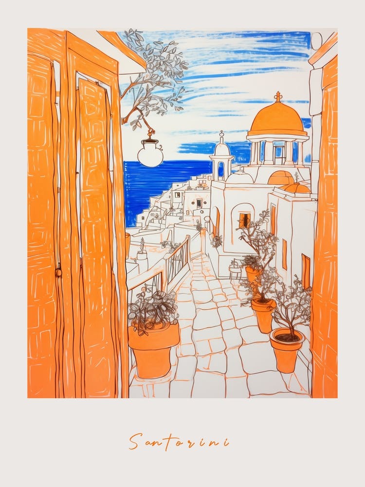 Santorini Greece 2 Orange Drawing Poster