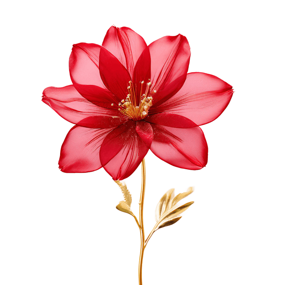 Red Sheer Flower Trimmed In Gold Glitter With A Stem On A Plain White Background 3d 916426857