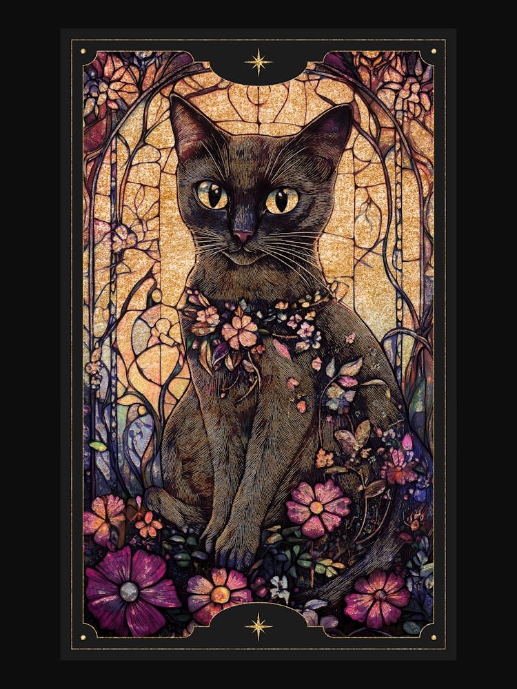 Alphonse Mucha-inspired black cat and ornate florals with gold accents in a dark cottagecore aesthetic with stained glass effect, Art Nouveau style witchy artwork perfect for libraries, vintage-themed rooms, moody interior 8