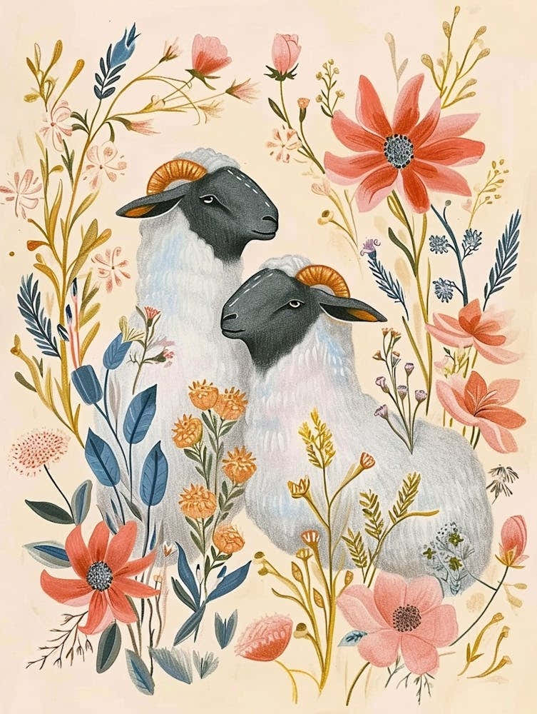 Folksy Floral Animal Drawing Sheep 2