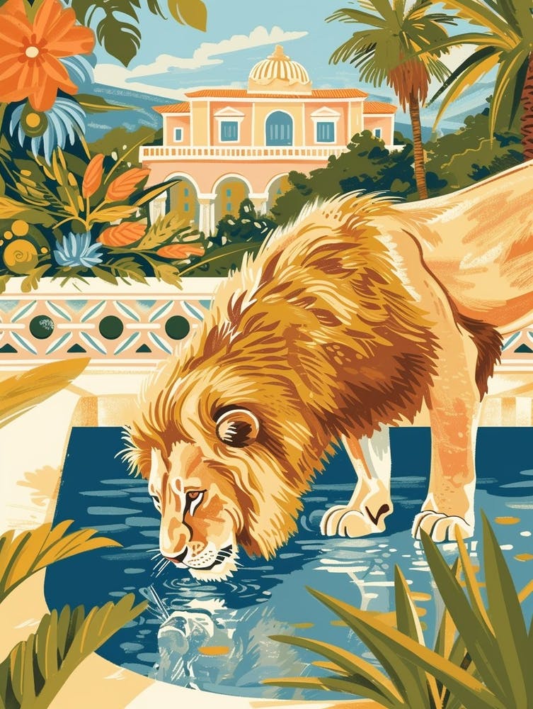 Barbary Lion Drinking Illustration 1