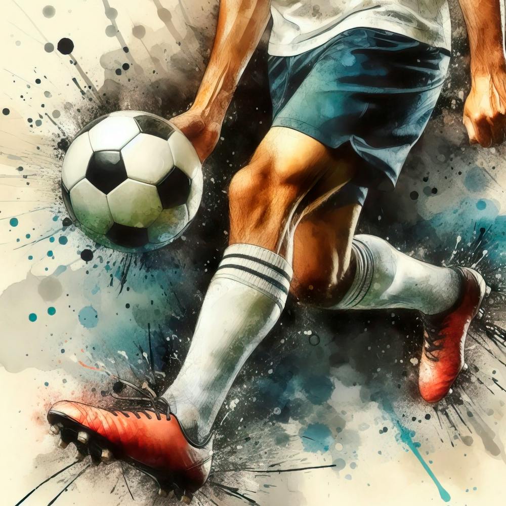 Closeup Of The Legs Of A Soccer Player Carrying The Ball Forward In Watercolor With Spla 2