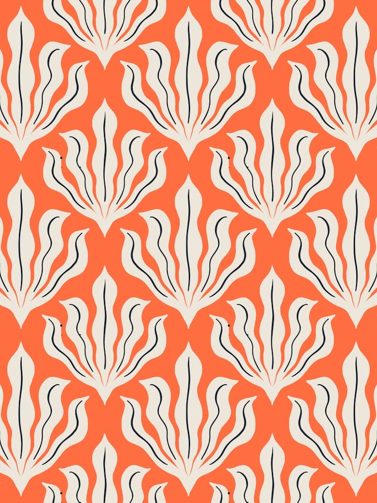 Feuilles Abstraites Ondulées Damassé Minimaliste Orange et Blanc Crème