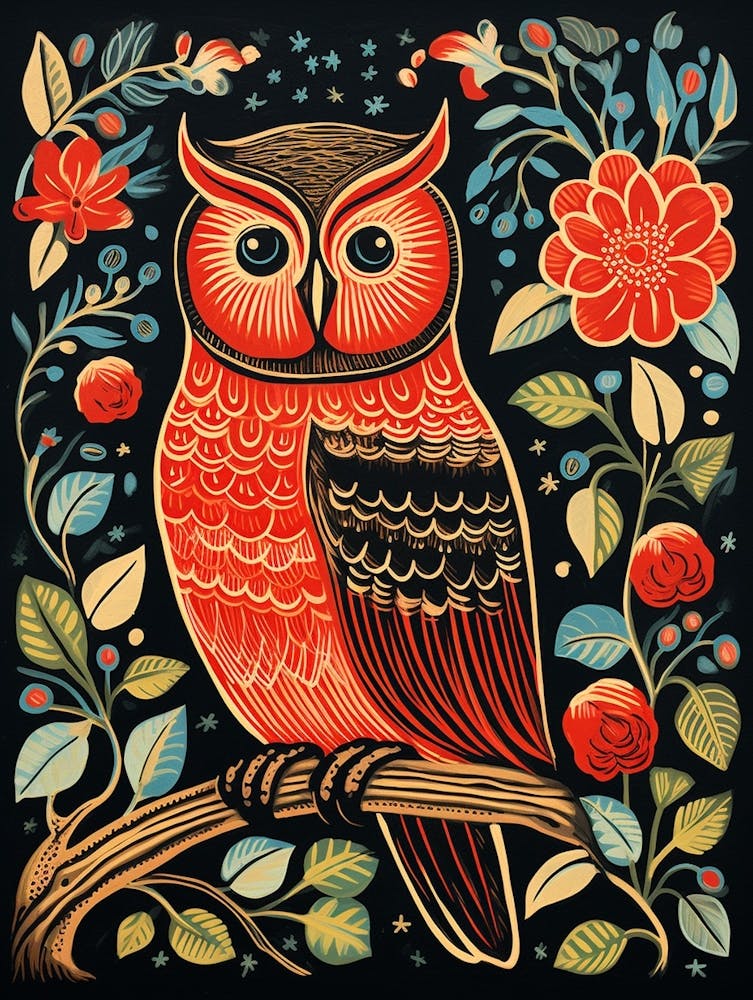 Vintage Bird Linocut Owl 4
