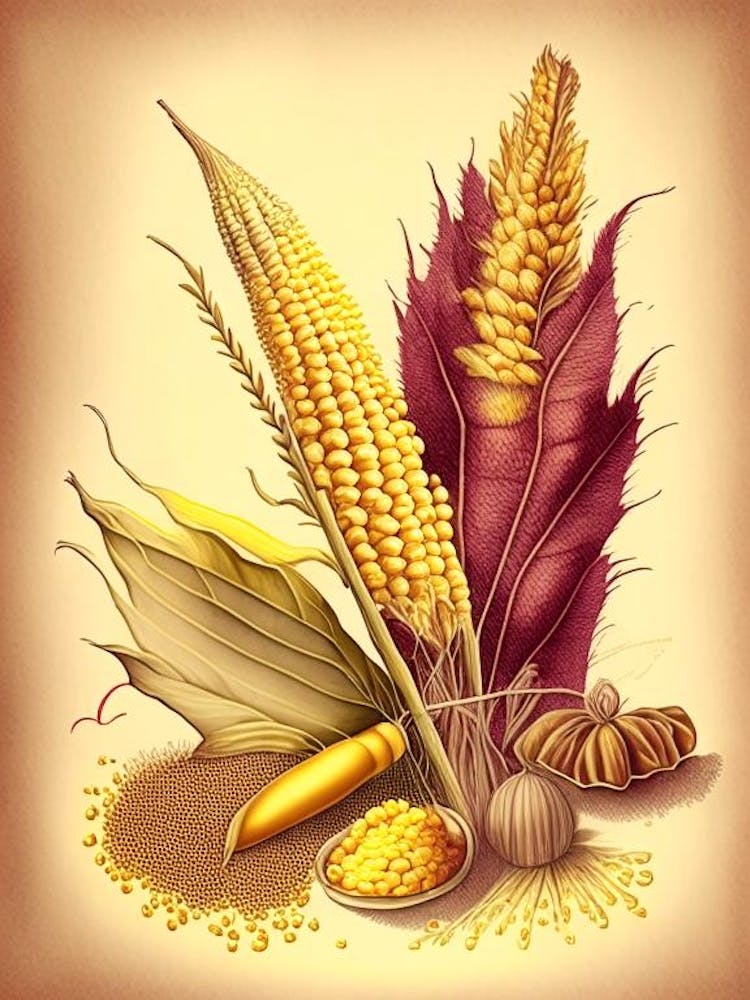 Corn Silk Spices And Herbs Retro Drawing 2