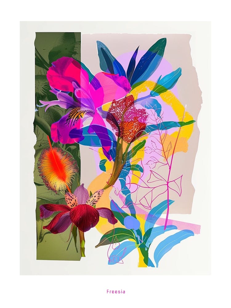 Freesia 1 Neon Flower Collage Poster