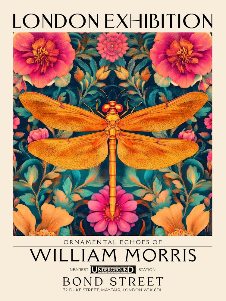 William Morris Dragonfly and floral artwork vibrant colors, insect and flower pattern Botanical vintage print, maximalist wall art living room boho decor, Floral tapestry Victorian style vintage decor 9