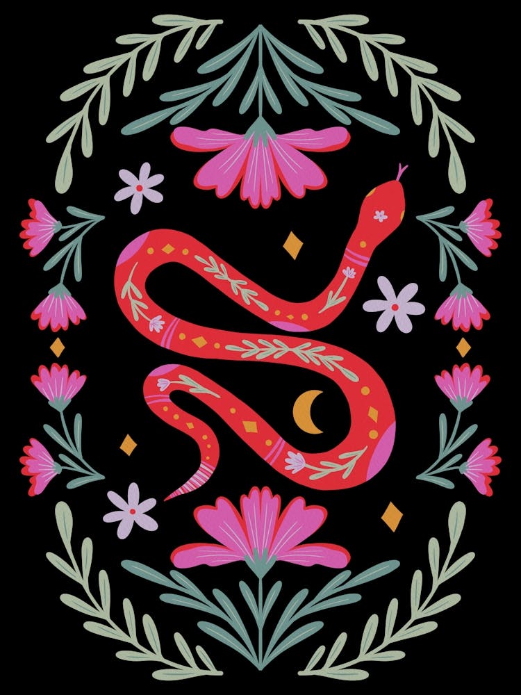 Cute Floral Snake Red And Pink Dark Background