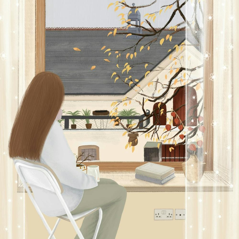 Mädchen Sitzt Am Fenster