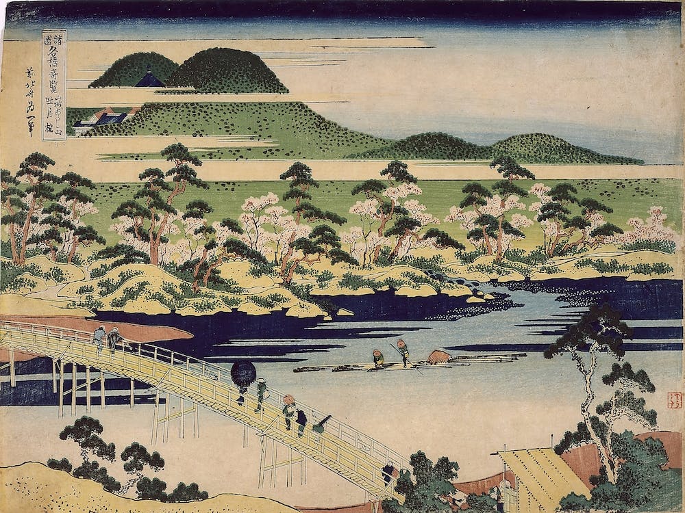 Die Togetsu-Brücke in Arashiyama in der Provinz Yamashiro, Katsushika Hokusai