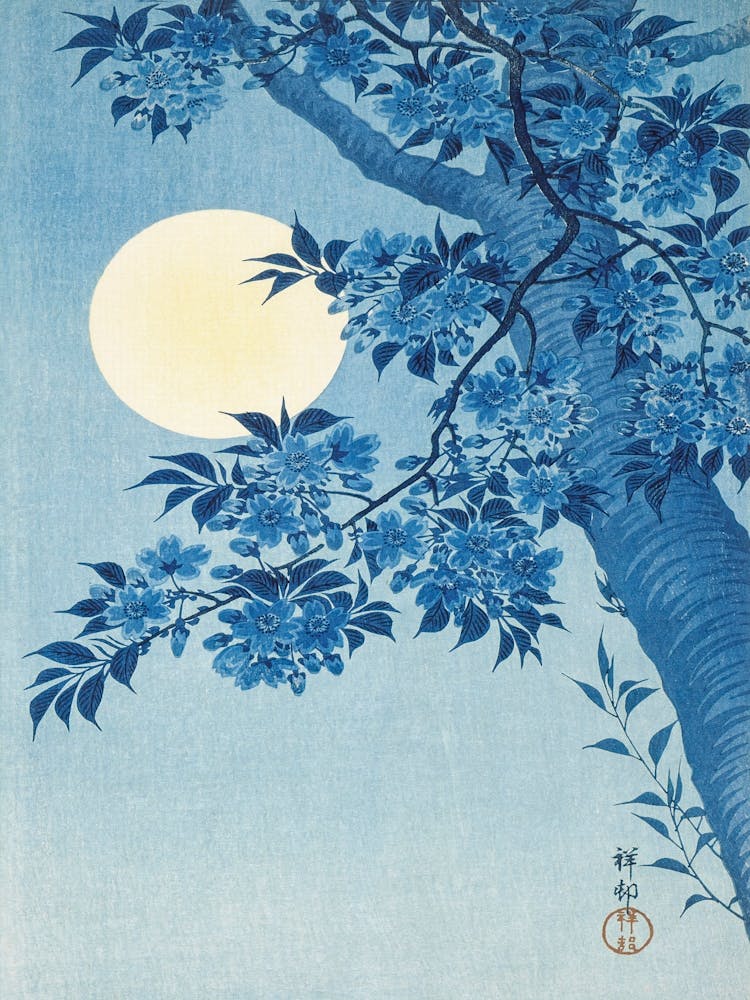 Moonlight Over A Cherry Tree, Vintage Japanese Art