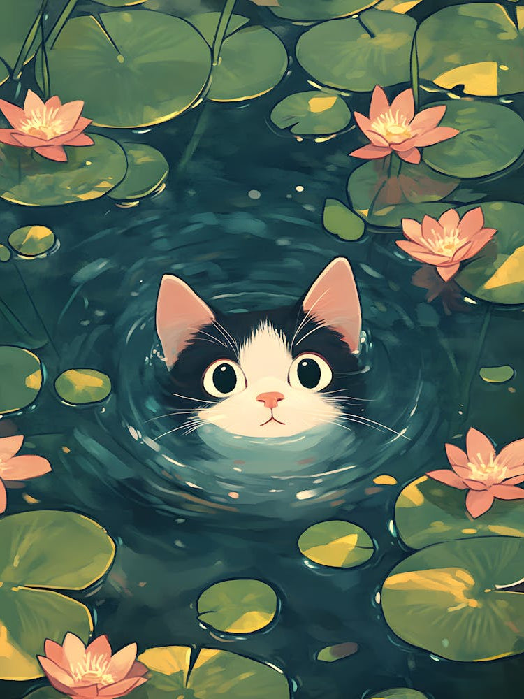 Cute Cat Swimming Among Water Lilies 8