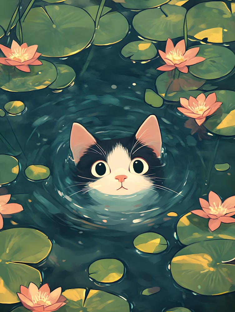 Cute Cat Swimming Among Water Lilies 8
