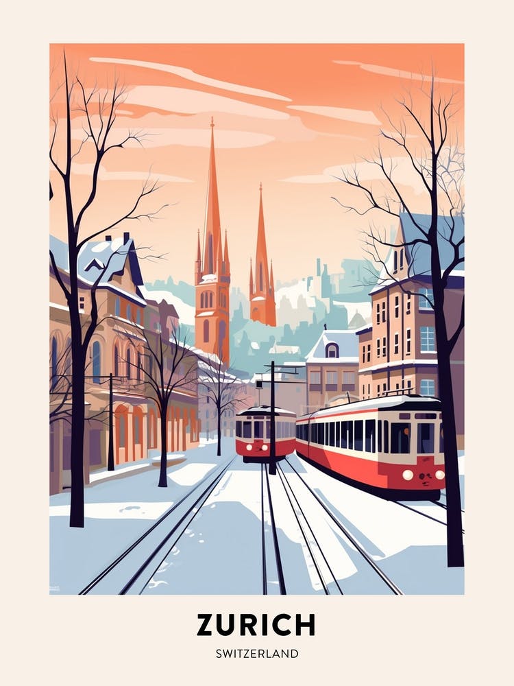 Vintage Winter Travel Poster Zurich Switzerland 6
