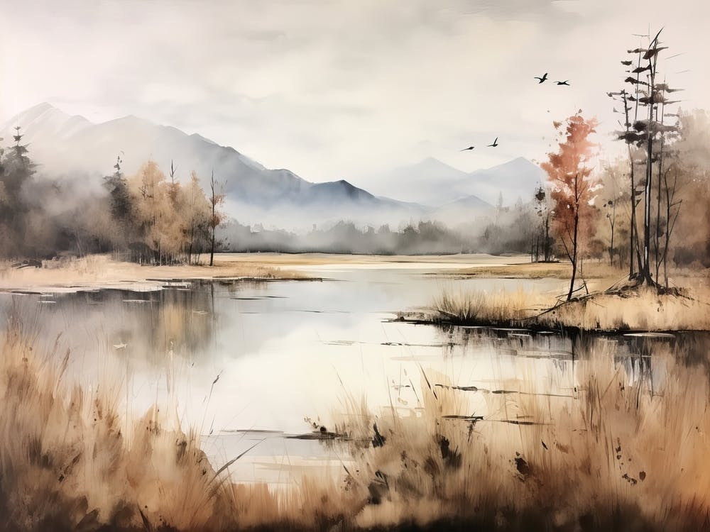 A Painting Of A Lake In Autumn 57