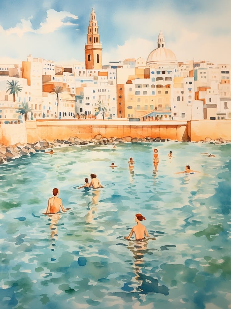 Swimming In Cadiz Spain Watercolour