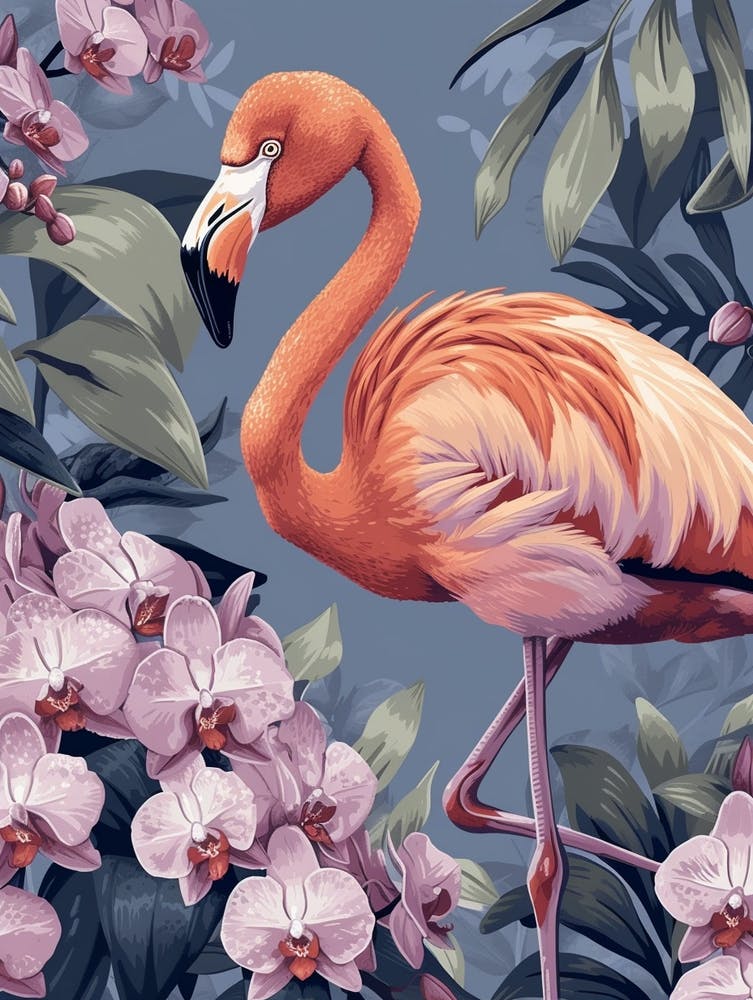 Lesser Flamingo And Orchids Minimalist Illustration 2