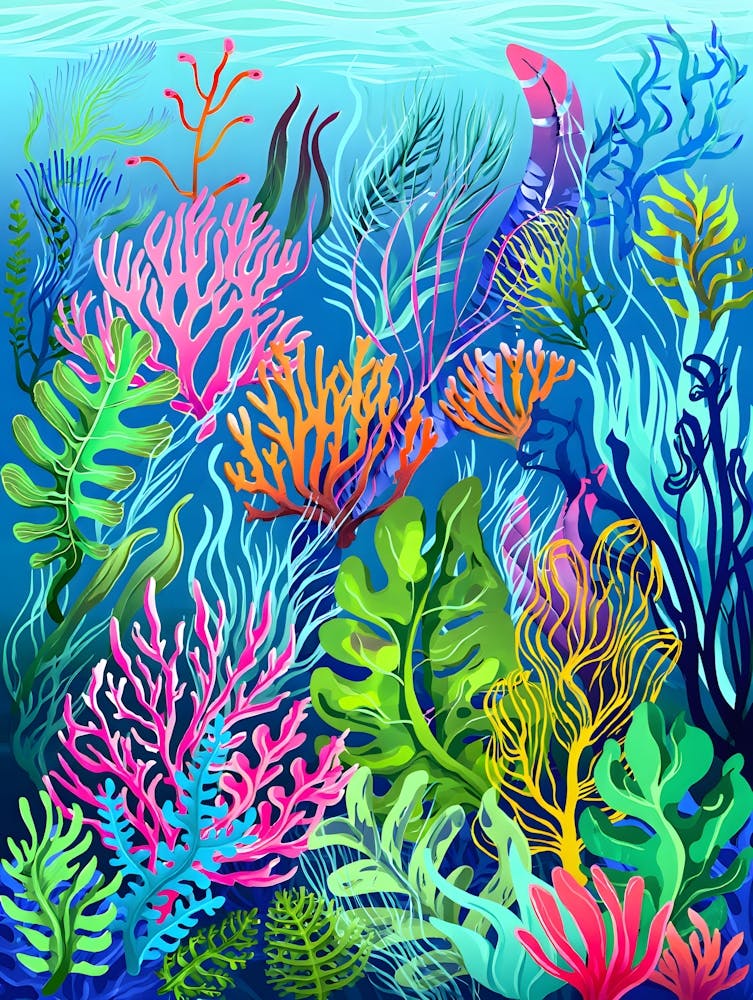 Vibrant Underwater Coral Reef: Colorful Marine Life Illustration