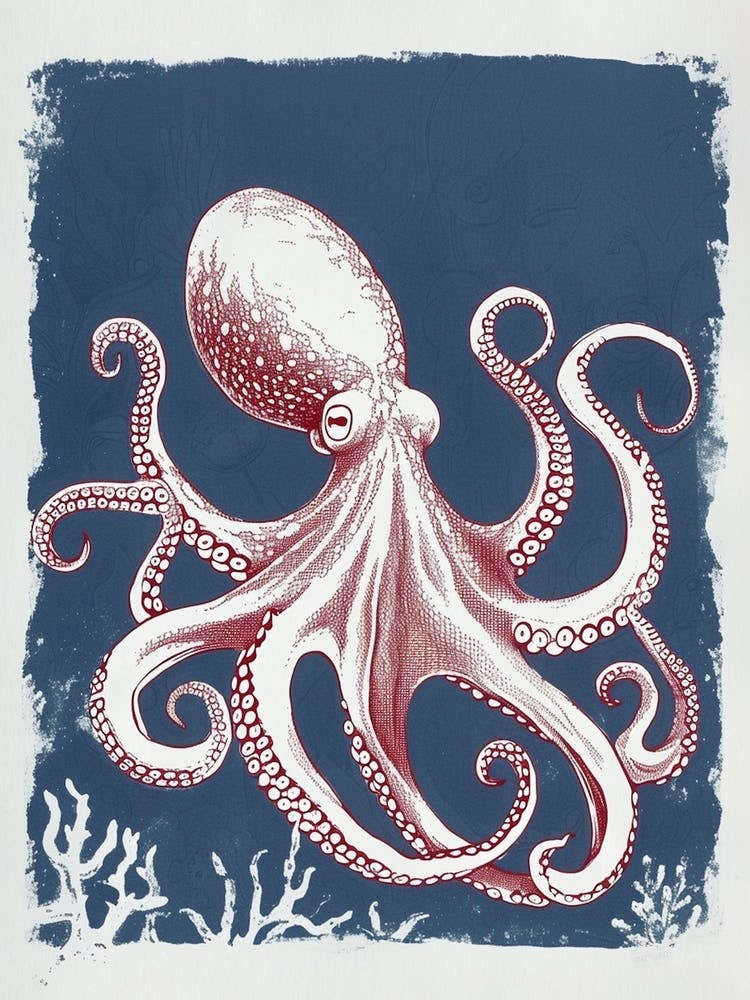 Octopus Swimming Around With Tentacles Red Navy Linocut Inspired 4