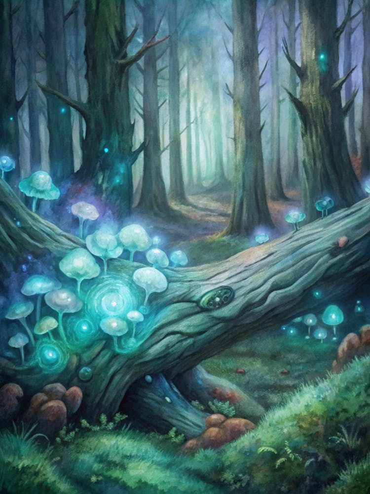 A Glowing Depiction Of Bioluminescent Fungi On A F
