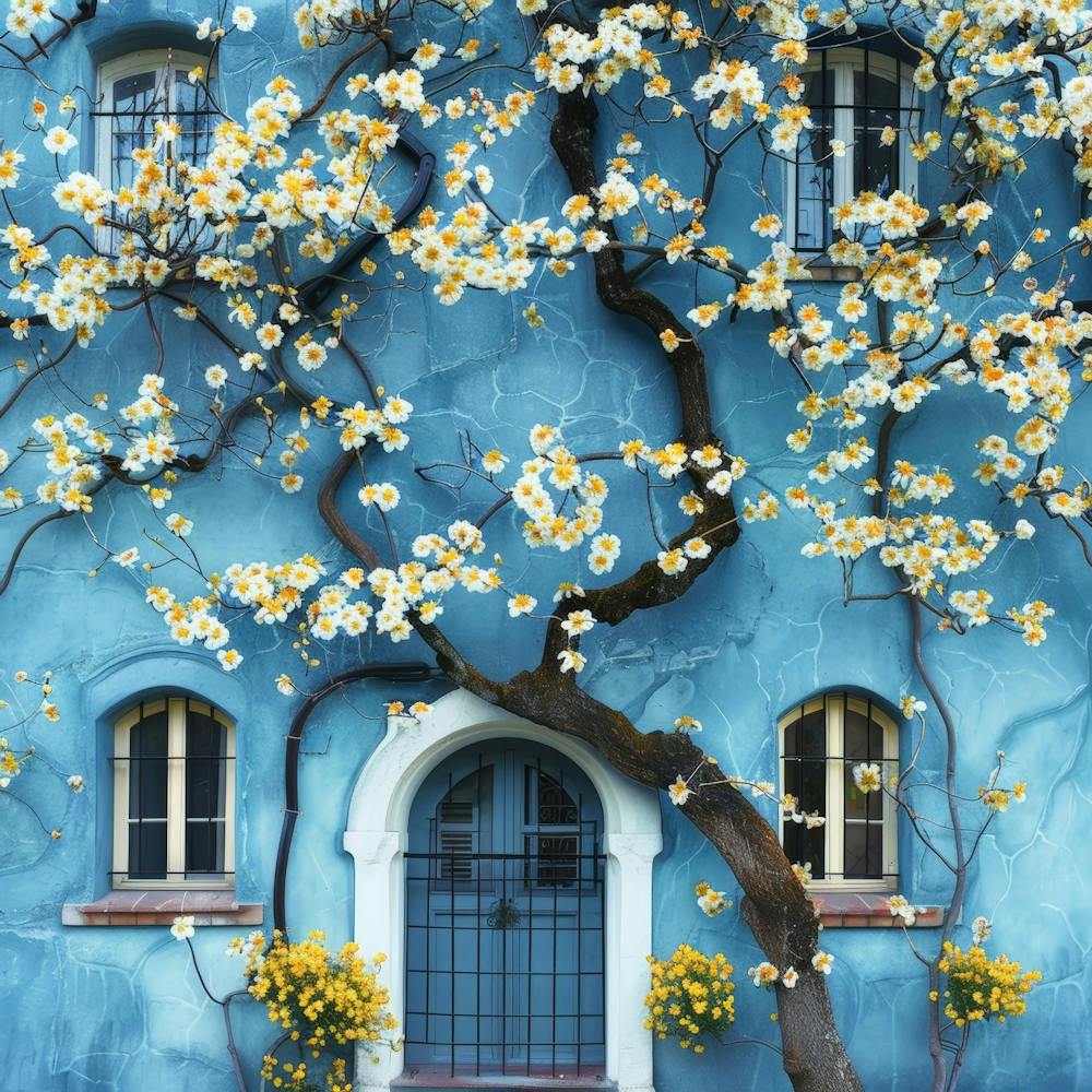 Blue House With Flowers