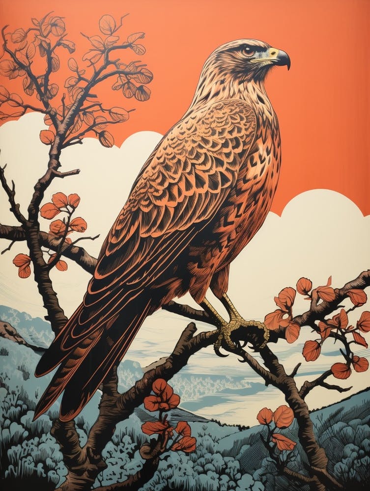 Vintage Bird Linocut Red Tailed Hawk 2