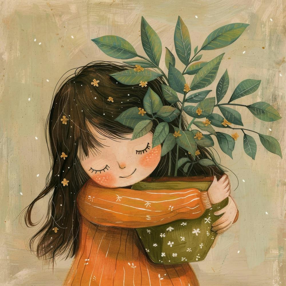 Little Girl Hugging A Plant 1