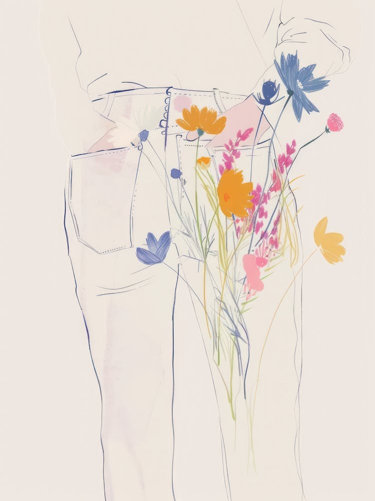 Blue Jeans Line Art Flowers 3