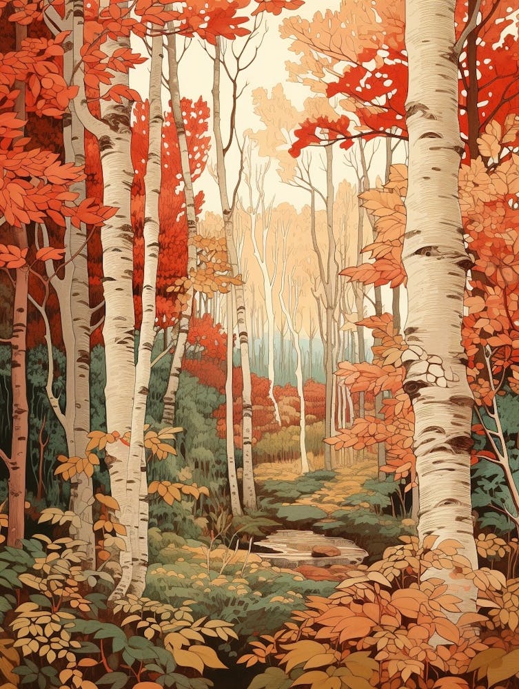 Birch 4 Vintage Autumn Tree Print