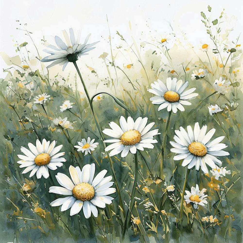 Lush Watercolor Daisies In A Serene Meadow Setting