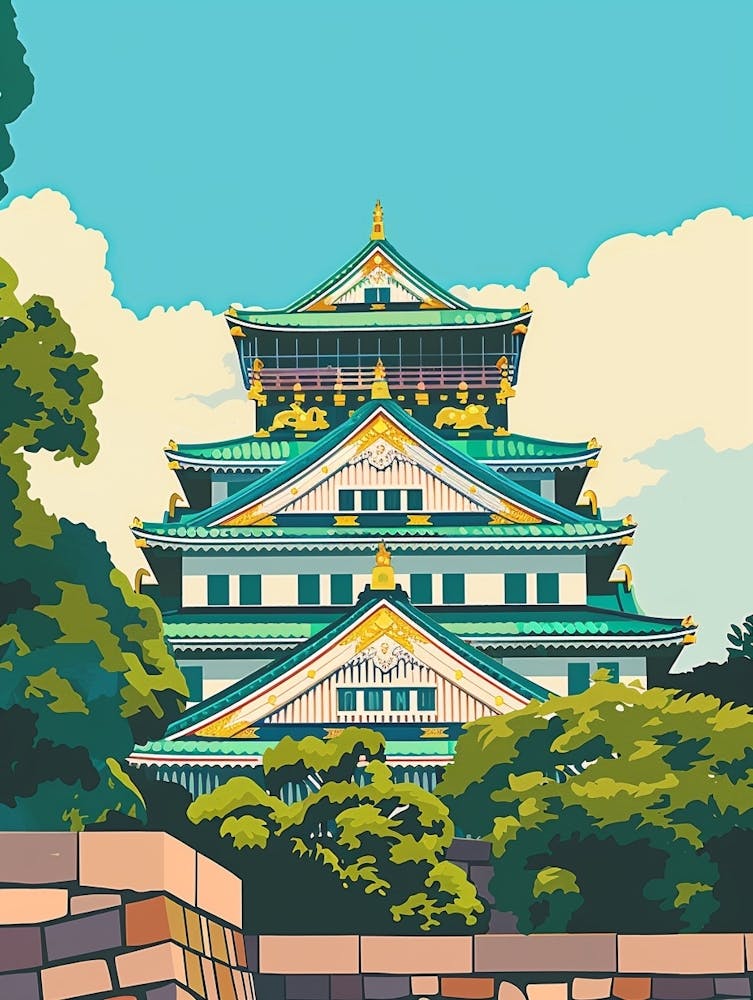 Osaka Castle 3 Colourful Illustration