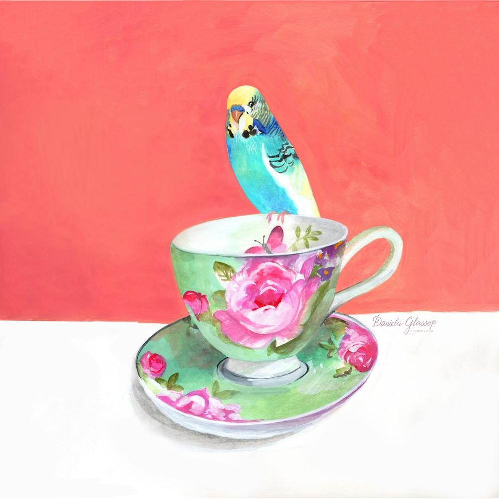 Budgerigar On Pink And Green Tea Cup Square