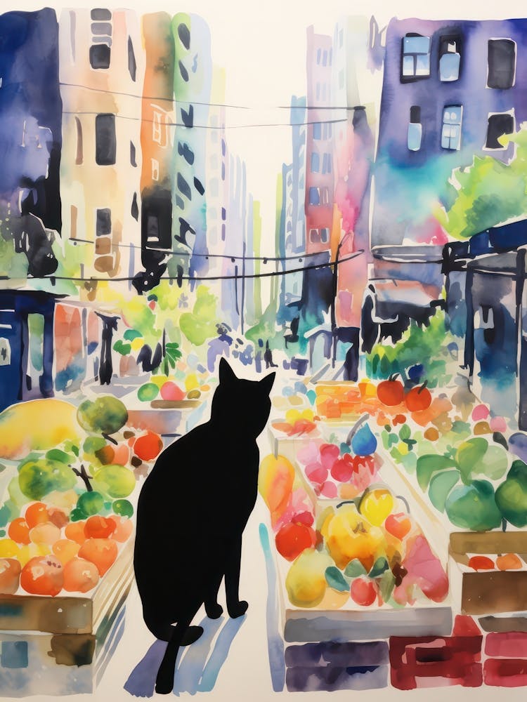Food Market With Cats In New York 3 Watercolour
