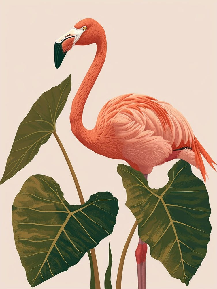 Lesser Flamingo And Alocasia Elephant Ear Minimalist Illustration 2