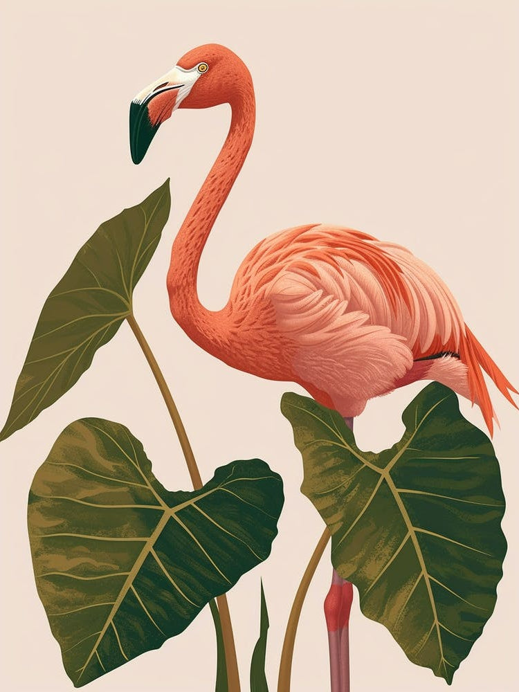 Lesser Flamingo And Alocasia Elephant Ear Minimalist Illustration 2