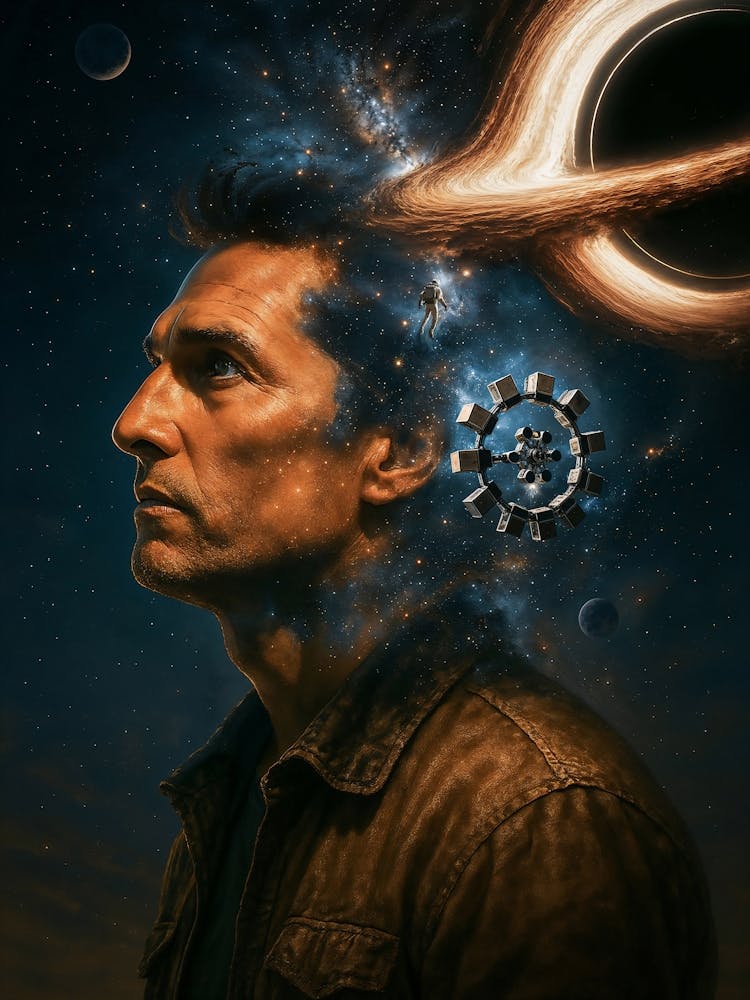 Interstellar Movie Art: Journey through the cosmos with this Interstellar-inspired poster featuring astronaut Cooper, the majestic black hole Gargantua, and a galaxy of stars. A tribute to Christopher Nolan’s sci-fi masterpiece, it blends space, film, and astronomy into one epic, cinematic universe.