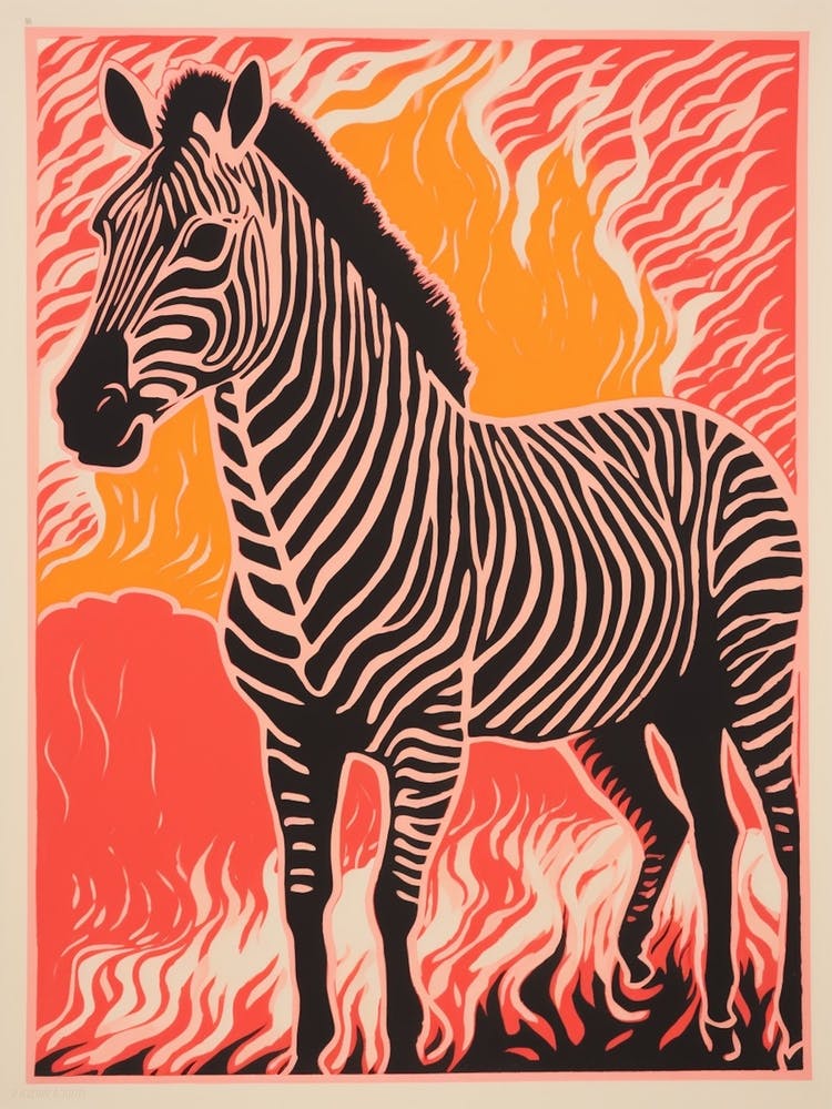 Linocut Inspired Pink & Orange Zebra 2