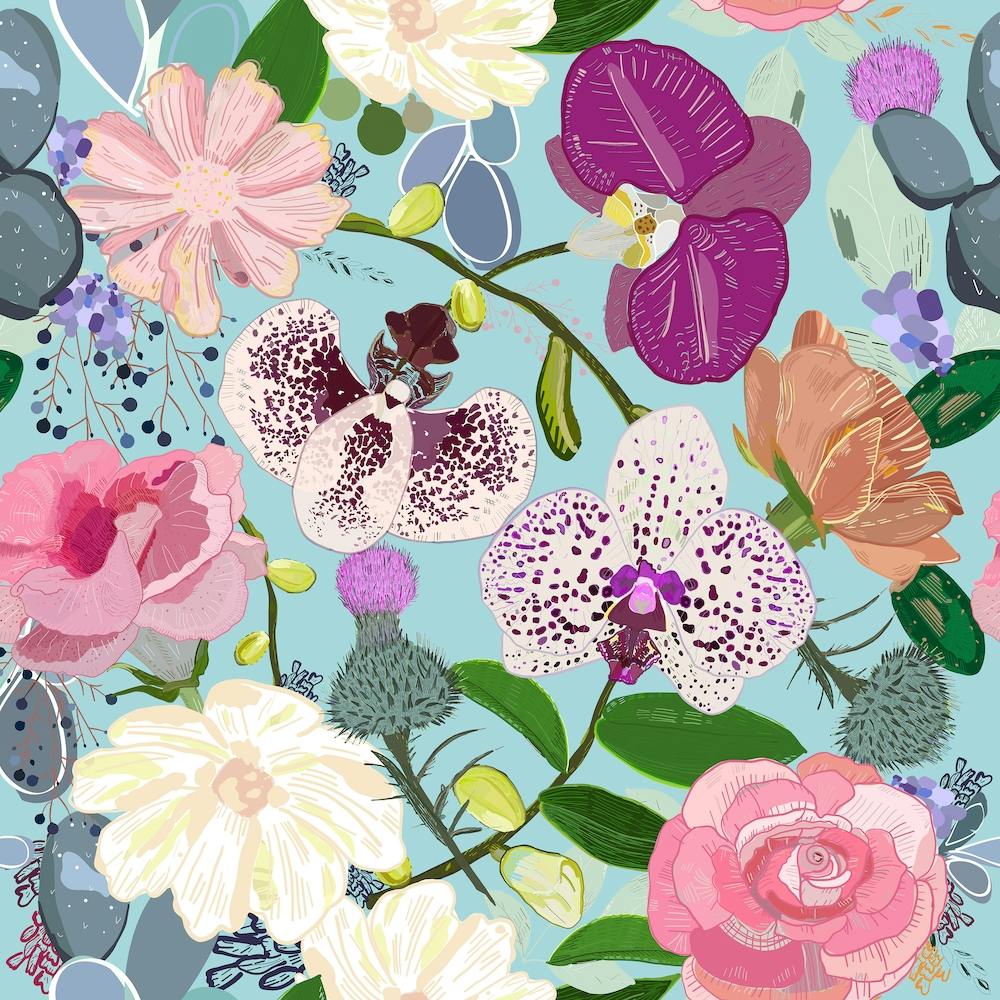 Orchid, Succulent And Roses Colorful Pattern Square