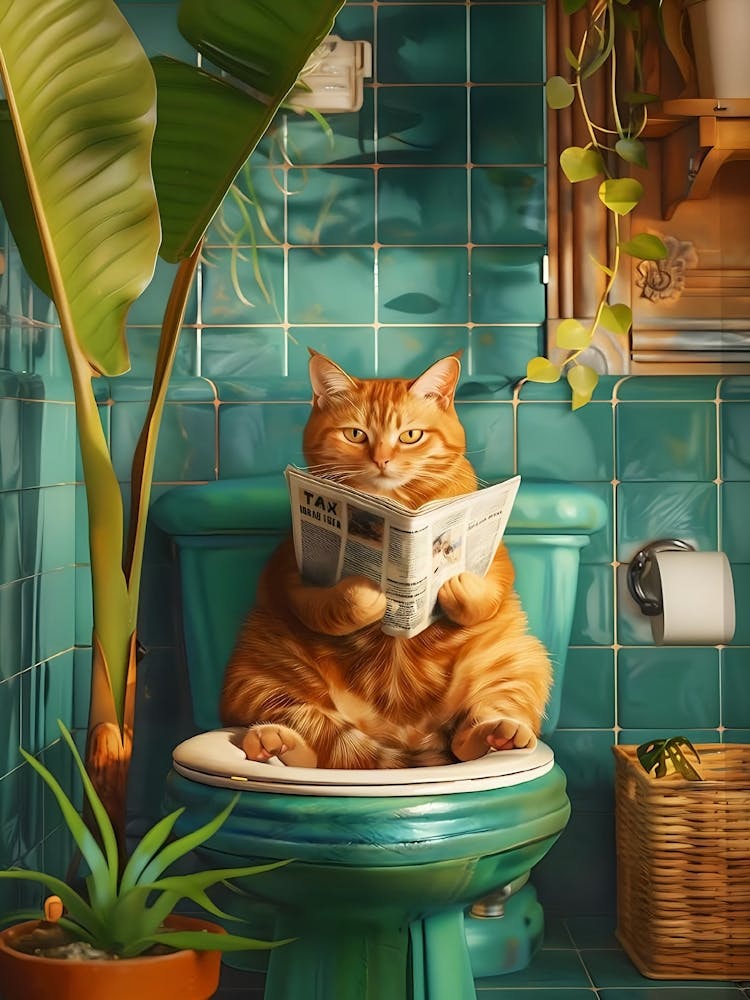 Bathroom Orange Tabby Cat Print, Funny Tabby Cat Poster, Bathroom Wall Art, Cat Painting, Cute Kitten Illustration Poster, Aesthetic Cat Art