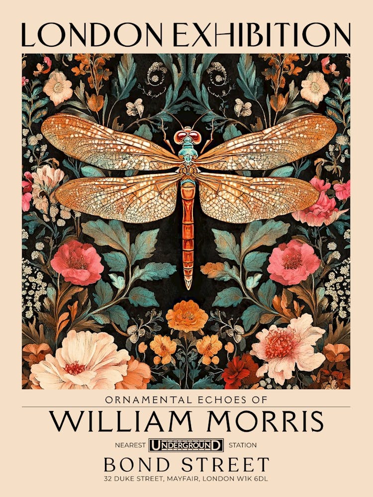 William Morris Dragonfly and floral artwork, insect and flower pattern vintage Botanical print for cottagecore, maximalist decor,floral tapestry Victorian nature illustration bedroom vintage decor 21