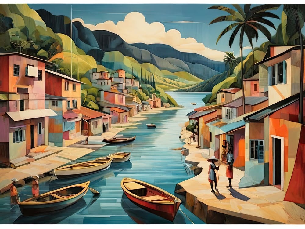Vintage Cubist Travel Poster Charlotteville Fishing Village Trinidad & Tobago