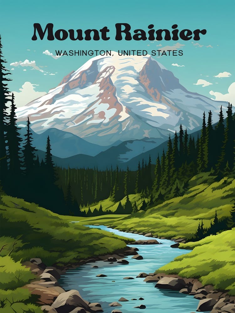 Mount Rainier Washington United States Üppiges Grün Reisekunst-Illustration