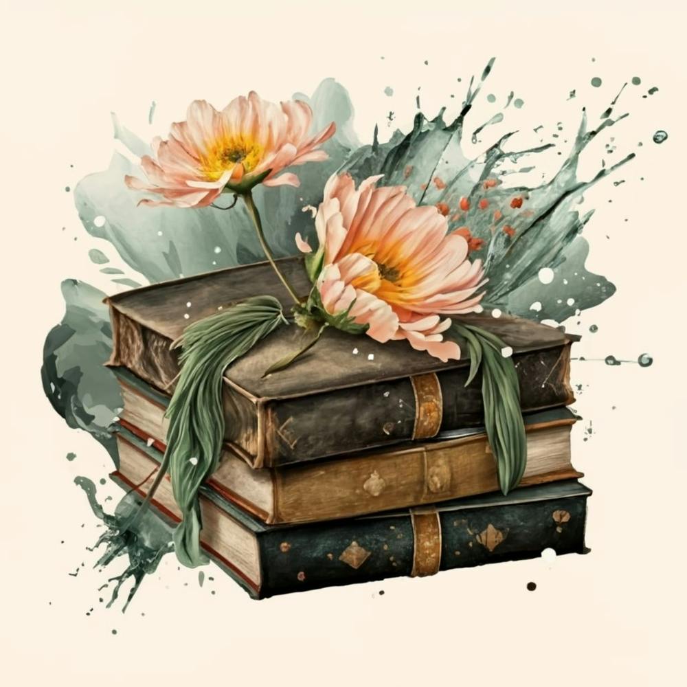 Best books and flowers on watercolor background 5