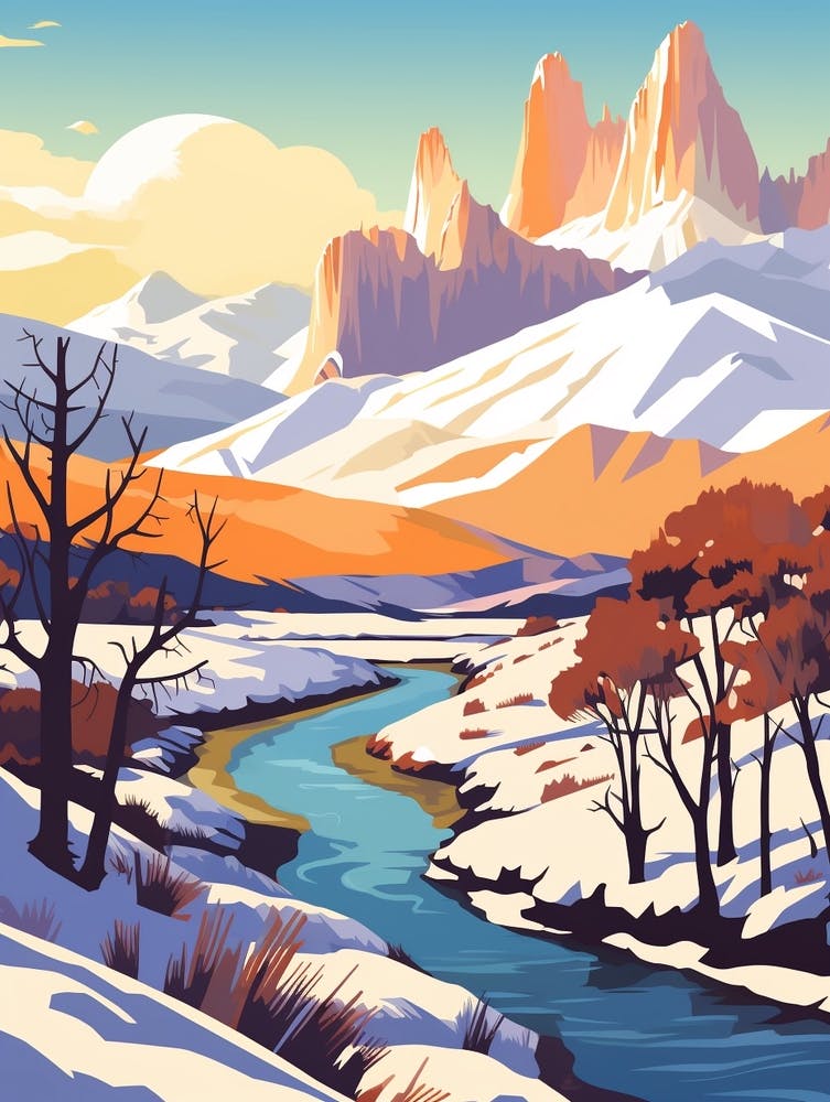 Vintage Winter Travel Illustration Patagonia Argentina 1