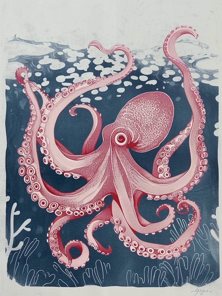 Navy Blue & Red Linocut Inspired Octopus 5
