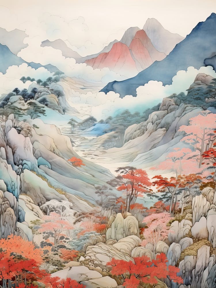 Shosenkyo Gorge In Yamanashi, Ukiyo E Drawing 1