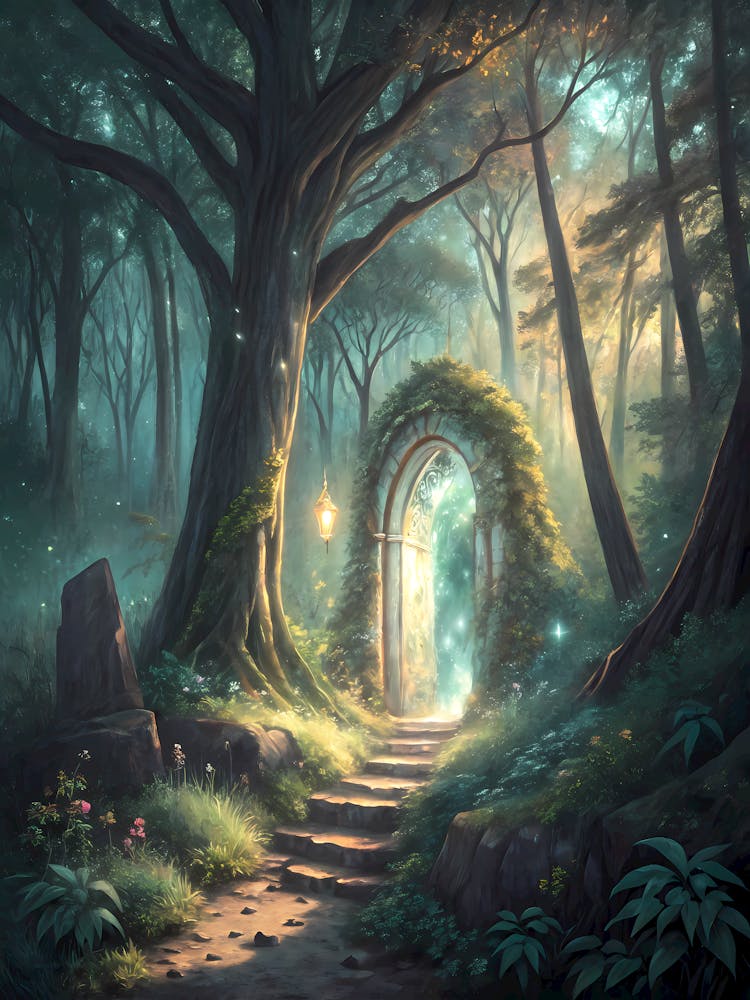 Oil Painting Style Enchanted Forest Portal Glowing Archway & Mystical Trees