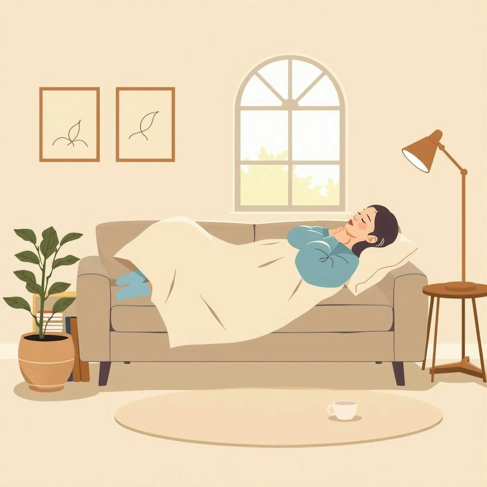 Woman Sleeping On Couch-Woman Laying On The Couch-cozy living room-light beige blanket-relaxation-comfortable form