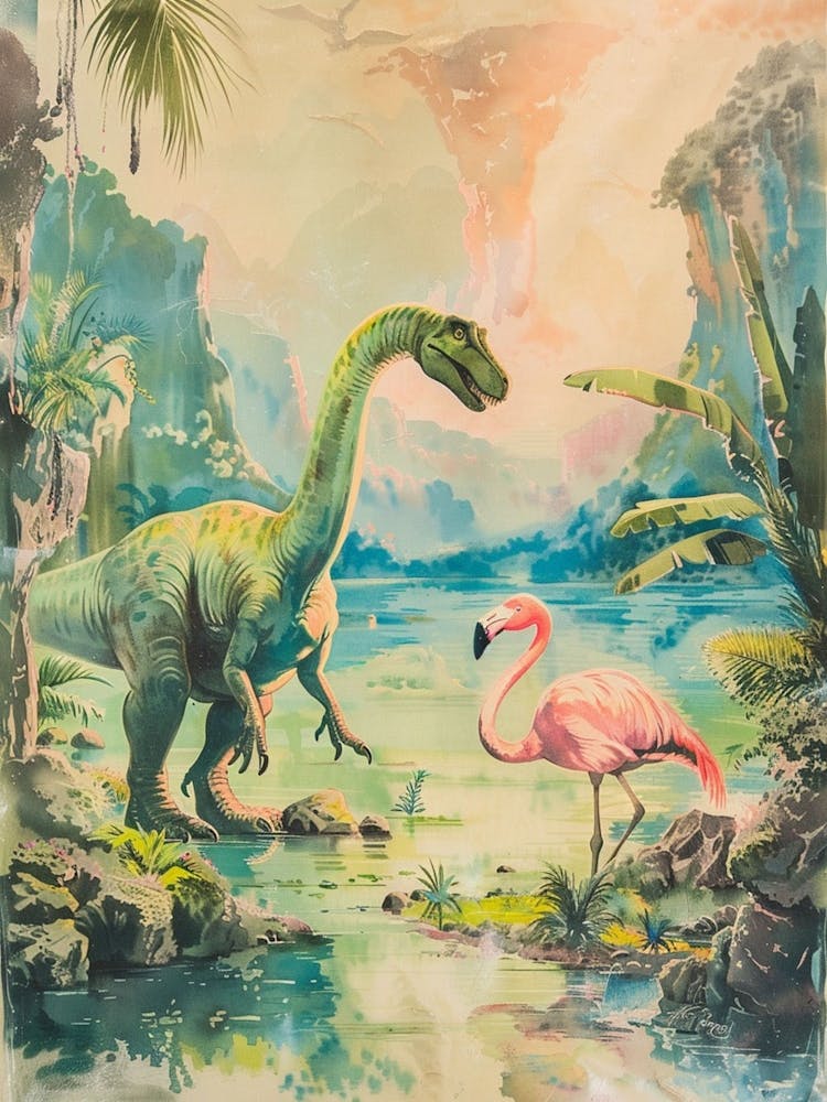 Storybook Painting Of A Dinosaur With A Flamingo